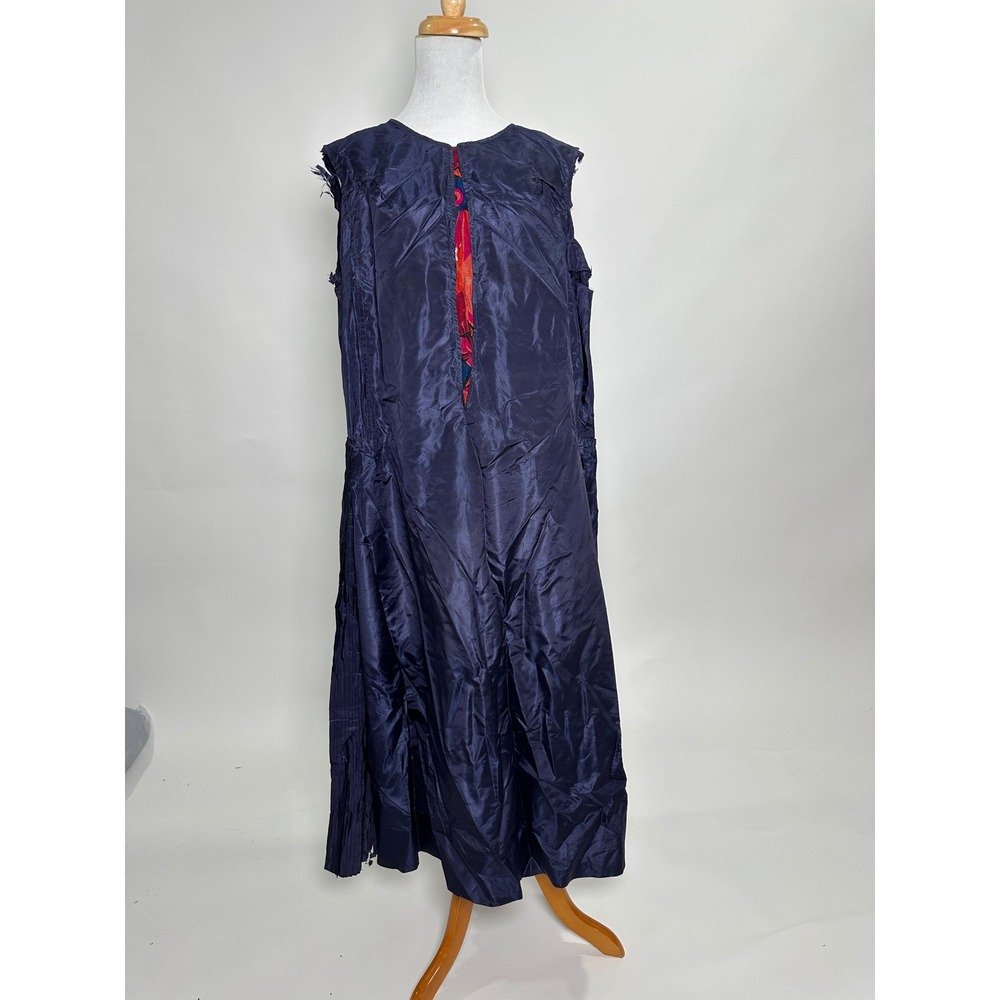 Antique 1920s 30s Navy Blue Silk Dress Pleated Study Scraps Pattern XL 46 Bust